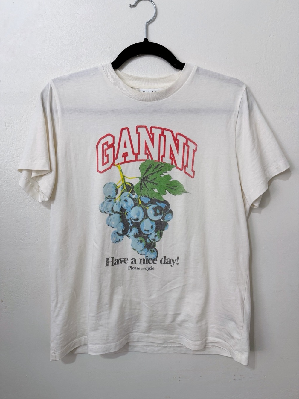 Ganni White Tee with Red Logo & Blue Grape Graphic